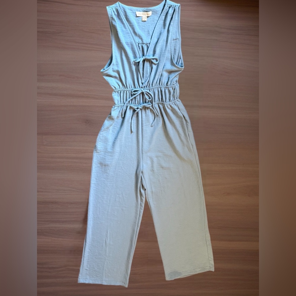 Monteau Los Angeles Beige Tie Front Wide Leg Jumpsuit Size Small Boho Minimalist - Picture 2 of 6